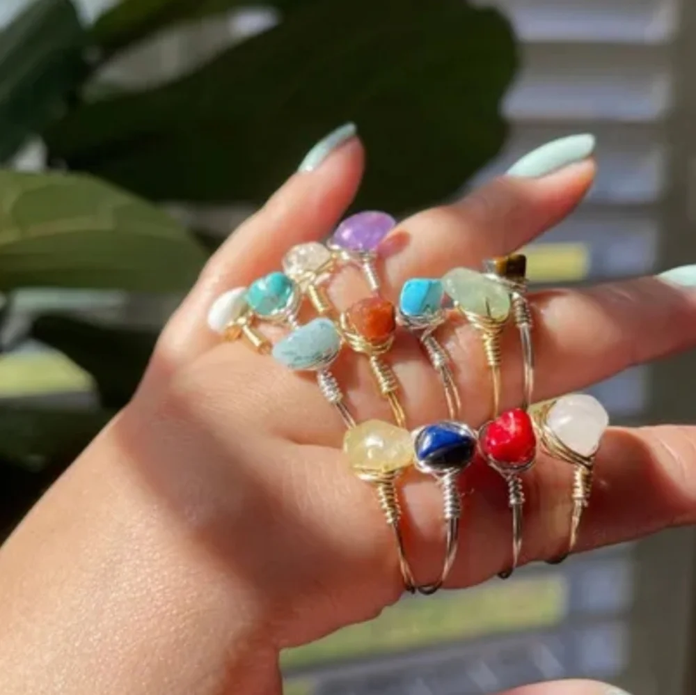 NEW handmade artisan gemstone wire wrap ring clear quartz or green adventurine